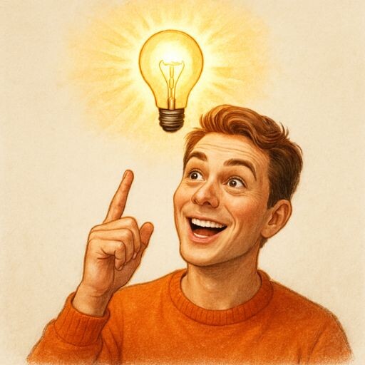 한 사람이 어떤 좋은 생각이 떠올랐을 때의 모습과 전구를 함께 나타냈음